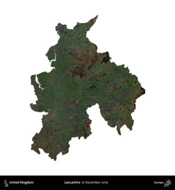 Lancashire. Birleşik Krallık 'ın idari alanı, Aralık 2019' da çekilen Kopernik Nöbetçi karolarından oluşan bir uydu görüntüsü ile beyaza izole edilmiştir.
