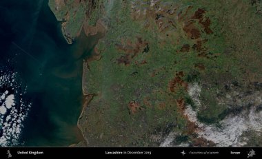 Lancashire. Aralık 2019 'da çekilen Kopernik Nöbetçi karolarından oluşan bir uydu görüntüsü üzerinde Birleşik Krallık' ın idari alanı