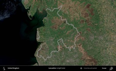 Lancashire. Nisan 2020 'de çekilen Kopernik Nöbetçi karolarından oluşan bir uydu görüntüsü üzerinde Birleşik Krallık' ın idari alanının ana hatlarını belirledik.