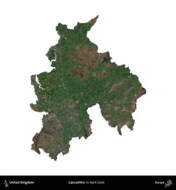 Lancashire. Birleşik Krallık 'ın idari alanı, Nisan 2020' de çekilen Kopernik Nöbetçi karolarından oluşan bir uydu görüntüsü üzerinde beyaza izole edilmiştir.