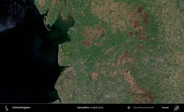 Lancashire. Nisan 2020 'de çekilen Kopernik Nöbetçi karolarından oluşan bir uydu görüntüsü üzerinde Birleşik Krallık' ın idari alanı