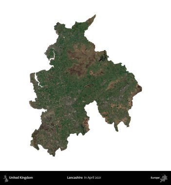 Lancashire. Birleşik Krallık 'ın idari alanı, Nisan 2021' de çekilen Kopernik Nöbetçi karolarından oluşan bir uydu görüntüsü üzerinde beyaza izole edilmiştir.