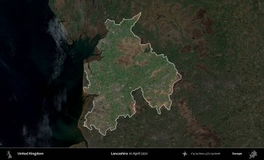 Lancashire. Birleşik Krallık 'ın idari alanı, Nisan 2021' de çekilen Kopernik Nöbetçi karolarından oluşan koyu renkli bir uydu görüntüsü üzerinde vurgulandı ve özetlendi.