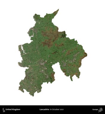 Lancashire. Birleşik Krallık 'ın idari alanı, Ekim 2021' de çekilen Kopernik Nöbetçi karolarından oluşan bir uydu görüntüsüyle beyaza izole edildi.