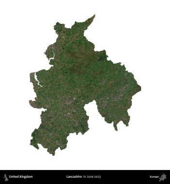 Lancashire. Birleşik Krallık 'ın idari alanı, Haziran 2023' te çekilen Kopernik Nöbetçi karolarından oluşan bir uydu görüntüsü üzerinde beyaza izole edilmiştir.