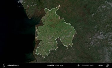 Lancashire. Birleşik Krallık 'ın idari alanı, Haziran 2023' te çekilen Kopernik Nöbetçi karolarından oluşan koyu renkli bir uydu görüntüsüyle vurgulanmış ve özetlenmiştir.