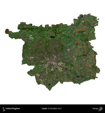 Leeds. Birleşik Krallık 'ın idari alanı, Ekim 2017' de çekilen Kopernik Nöbetçi karolarından oluşan bir uydu görüntüsüyle beyaza izole edildi.