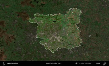 Leeds. Birleşik Krallık 'ın idari alanı, Ekim 2017' de çekilen Kopernik Nöbetçi karolarından oluşan koyu renkli bir uydu görüntüsü üzerinde vurgulandı ve özetlendi.