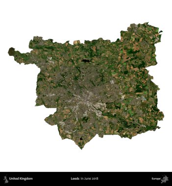 Leeds. Birleşik Krallık 'ın idari alanı, Haziran 2018' de çekilen Kopernik Nöbetçi karolarından oluşan bir uydu görüntüsüyle beyaza izole edilmiştir.