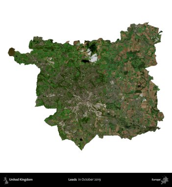 Leeds. Birleşik Krallık 'ın idari alanı, Ekim 2019' da çekilen Kopernik Nöbetçi karolarından oluşan bir uydu görüntüsüyle beyaza izole edildi.