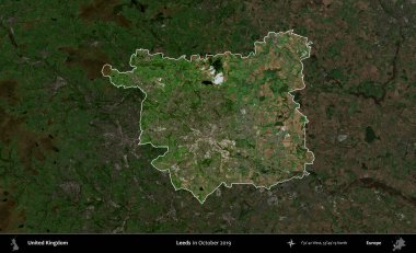 Leeds. Birleşik Krallık 'ın idari alanı, Ekim 2019' da çekilen Kopernik Nöbetçi karolarından oluşan koyu renkli bir uydu görüntüsü üzerinde vurgulandı ve özetlendi.