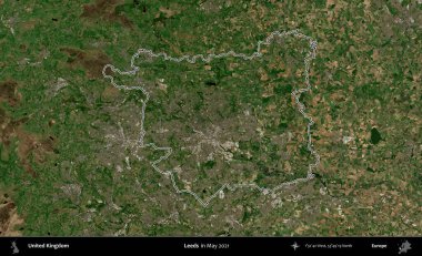 Leeds. Mayıs 2021 'de çekilen Copernicus Sentinel karolarından oluşan bir uydu görüntüsü üzerinde Birleşik Krallık' ın idari bölgesinin ana hatlarını belirledik.