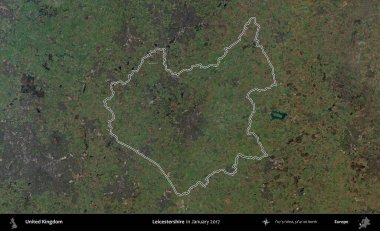 Leicestershire 'da. Ocak 2017 'de çekilen Kopernik Nöbetçi karolarından oluşan bir uydu görüntüsü üzerinde Birleşik Krallık' ın idari alanının ana hatlarını belirledik.
