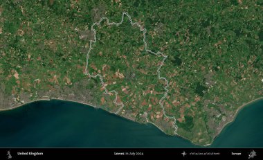 Lewes. Temmuz 2024 'te çekilen Copernicus Sentinel karolarından oluşan bir uydu görüntüsü üzerinde Birleşik Krallık' ın idari bölgesinin ana hatlarını belirledik.
