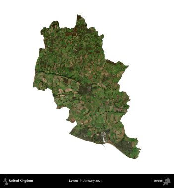 Lewes. Birleşik Krallık 'ın idari alanı, Copernicus Sentinel' in Ocak 2025 'te çekilen uydu görüntüsüyle beyaza izole edilmiştir.