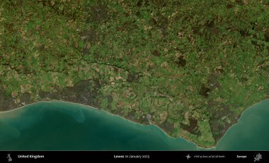 Lewes. Ocak 2025 'te çekilen Kopernik Nöbetçi karolarından oluşan bir uydu görüntüsü üzerinde Birleşik Krallık' ın idari alanı