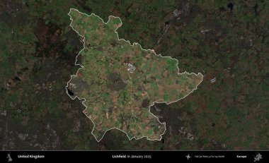 Lichfield 'da. Birleşik Krallık 'ın idari alanı, Ocak 2025' te çekilen Kopernik Nöbetçi karolarından oluşan koyu renkli bir uydu görüntüsü üzerinde vurgulandı ve özetlendi.