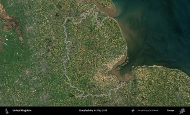 Hughnshire 'da. Mayıs 2018 'de çekilen Copernicus Sentinel karolarından oluşan bir uydu görüntüsü üzerinde Birleşik Krallık' ın idari bölgesinin ana hatlarını belirledik.