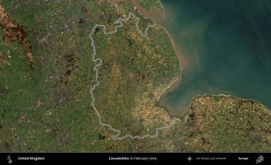 Hughnshire 'da. Şubat 2019 'da çekilen Kopernik Nöbetçi karolarından oluşan bir uydu görüntüsü üzerinde Birleşik Krallık' ın idari alanının ana hatlarını belirledik.