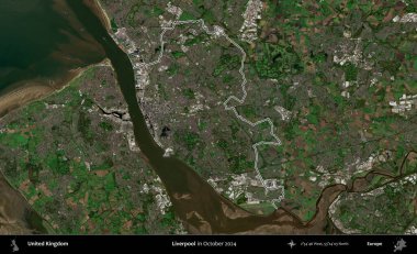 Liverpool 'da. Ekim 2024 'te çekilen Kopernik Nöbetçi karolarından oluşan bir uydu görüntüsü üzerinde Birleşik Krallık' ın idari bölgesinin ana hatlarını belirledik.