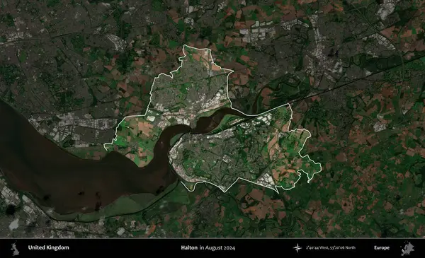 Halton. Birleşik Krallık 'ın idari alanı, Ağustos 2024' te çekilen Kopernik Nöbetçi karolarından oluşan koyu renkli bir uydu görüntüsü üzerinde vurgulandı ve özetlendi.