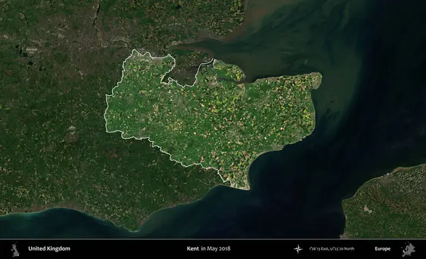 Kent. Birleşik Krallık 'ın idari alanı, Mayıs 2018' de çekilen Kopernik Nöbetçi karolarından oluşan koyu renkli bir uydu görüntüsü üzerinde vurgulandı ve özetlendi.