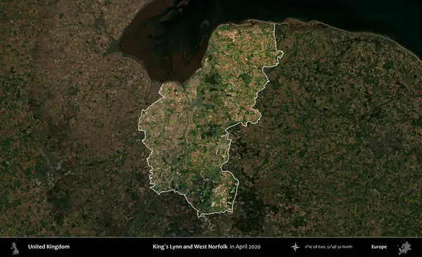 King 's Lynn ve West Norfolk. Birleşik Krallık 'ın idari alanı, Nisan 2020' de çekilen Kopernik Nöbetçi karolarından oluşan koyu renkli bir uydu görüntüsü üzerinde vurgulandı ve özetlendi.
