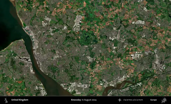 Knowsley. Ağustos 2024 'te çekilen Kopernik Nöbetçi karolarından oluşan bir uydu görüntüsü üzerinde Birleşik Krallık' ın idari alanı