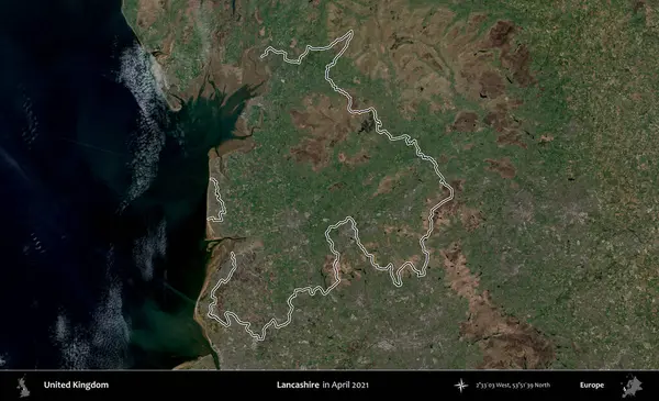 Lancashire. Nisan 2021 'de çekilen Kopernik Nöbetçi karolarından oluşan bir uydu görüntüsü üzerinde Birleşik Krallık' ın idari bölgesinin ana hatlarını belirledik.