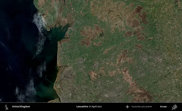 Lancashire. Nisan 2021 'de çekilen Kopernik Nöbetçi karolarından oluşan bir uydu görüntüsü üzerinde Birleşik Krallık' ın idari alanı