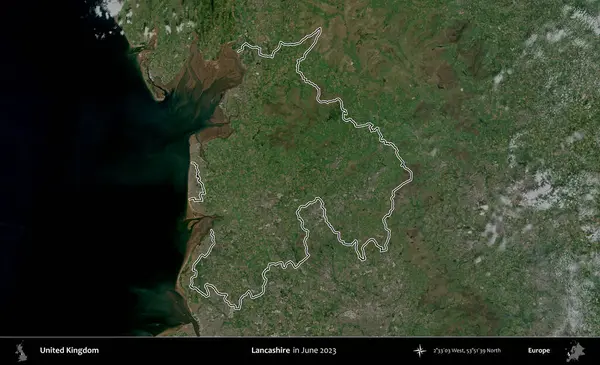 Lancashire. Haziran 2023 'te çekilen Kopernik Nöbetçi karolarından oluşan bir uydu görüntüsü üzerinde Birleşik Krallık' ın idari alanının ana hatlarını belirledik.
