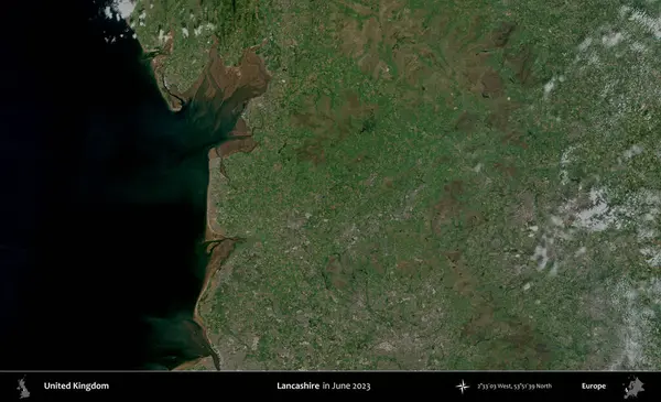 Lancashire. Haziran 2023 'te çekilen Kopernik Nöbetçi karolarından oluşan bir uydu görüntüsü üzerinde Birleşik Krallık' ın idari alanı