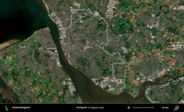 Liverpool 'da. Ağustos 2024 'te çekilen Kopernik Nöbetçi karolarından oluşan bir uydu görüntüsü üzerinde Birleşik Krallık' ın idari bölgesinin ana hatlarını belirledik.