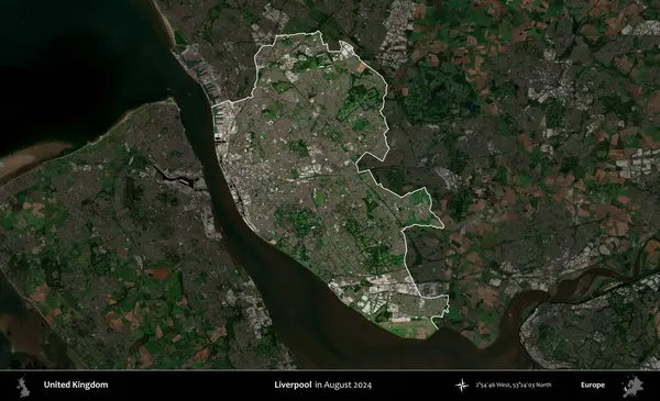 Liverpool 'da. Birleşik Krallık 'ın idari alanı, Ağustos 2024' te çekilen Kopernik Nöbetçi karolarından oluşan koyu renkli bir uydu görüntüsü üzerinde vurgulandı ve özetlendi.