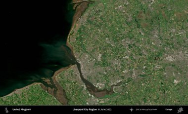 Liverpool Şehri Bölgesi. Haziran 2023 'te çekilen Kopernik Nöbetçi karolarından oluşan bir uydu görüntüsü üzerinde Birleşik Krallık' ın idari alanı