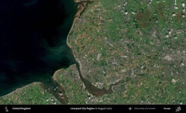 Liverpool Şehri Bölgesi. Ağustos 2024 'te çekilen Kopernik Nöbetçi karolarından oluşan bir uydu görüntüsü üzerinde Birleşik Krallık' ın idari alanı