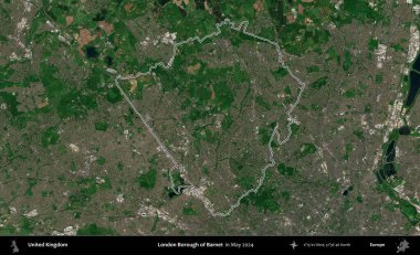 Londra Barnet İlçesi. Mayıs 2024 'te çekilen Copernicus Sentinel karolarından oluşan bir uydu görüntüsü üzerinde Birleşik Krallık' ın idari bölgesini özetledik.