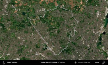 Londra Barnet İlçesi. Temmuz 2024 'te çekilen Copernicus Sentinel karolarından oluşan bir uydu görüntüsü üzerinde Birleşik Krallık' ın idari bölgesinin ana hatlarını belirledik.