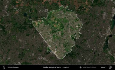Londra Barnet İlçesi. Birleşik Krallık 'ın idari alanı, Temmuz 2024' te çekilen Kopernik Nöbetçi karolarından oluşan koyu renkli bir uydu görüntüsü üzerinde vurgulandı ve özetlendi.