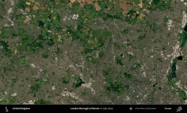 Londra Barnet İlçesi. Temmuz 2024 'te çekilen Kopernik Nöbetçi karolarından oluşan bir uydu görüntüsü üzerinde Birleşik Krallık' ın idari alanı