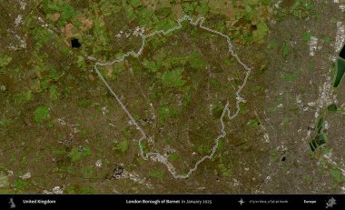 Londra Barnet İlçesi. Ocak 2025 'te çekilen Kopernik Nöbetçi karolarından oluşan bir uydu görüntüsü üzerinde Birleşik Krallık' ın idari alanının ana hatlarını belirledik.