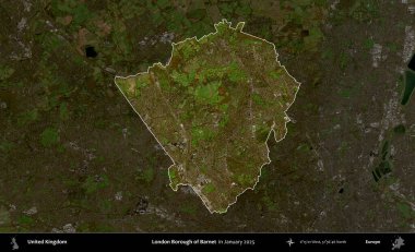 Londra Barnet İlçesi. Birleşik Krallık 'ın idari alanı, Ocak 2025' te çekilen Kopernik Nöbetçi karolarından oluşan koyu renkli bir uydu görüntüsü üzerinde vurgulandı ve özetlendi.