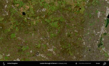 Londra Barnet İlçesi. Ocak 2025 'te çekilen Kopernik Nöbetçi karolarından oluşan bir uydu görüntüsü üzerinde Birleşik Krallık' ın idari alanı
