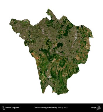 Bromley 'in Londra ilçesi. Birleşik Krallık 'ın idari bölgesi, Temmuz 2023' te çekilen Kopernik Nöbetçi karolarından oluşan bir uydu görüntüsü ile beyaza izole edilmiştir.
