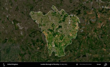 Bromley 'in Londra ilçesi. Birleşik Krallık 'ın idari alanı, Temmuz 2023' te çekilen Kopernik Nöbetçi karolarından oluşan koyu renkli bir uydu görüntüsüyle vurgulanmış ve özetlenmiştir.