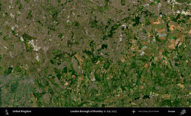 Bromley 'in Londra ilçesi. Temmuz 2023 'te çekilen Kopernik Nöbetçi karolarından oluşan bir uydu görüntüsü üzerinde Birleşik Krallık' ın idari alanı