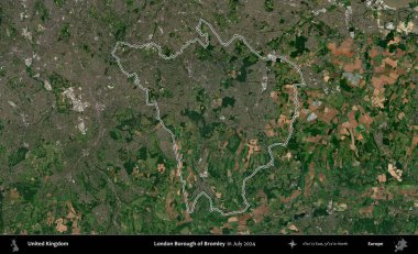 Bromley 'in Londra ilçesi. Temmuz 2024 'te çekilen Copernicus Sentinel karolarından oluşan bir uydu görüntüsü üzerinde Birleşik Krallık' ın idari bölgesinin ana hatlarını belirledik.