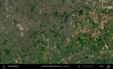 Bromley 'in Londra ilçesi. Temmuz 2024 'te çekilen Kopernik Nöbetçi karolarından oluşan bir uydu görüntüsü üzerinde Birleşik Krallık' ın idari alanı