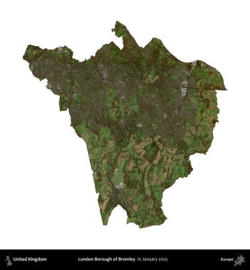 Bromley 'in Londra ilçesi. Birleşik Krallık 'ın idari alanı, Copernicus Sentinel' in Ocak 2025 'te çekilen uydu görüntüsüyle beyaza izole edilmiştir.