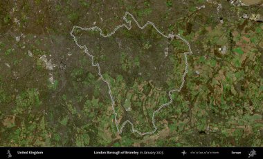 Bromley 'in Londra ilçesi. Ocak 2025 'te çekilen Kopernik Nöbetçi karolarından oluşan bir uydu görüntüsü üzerinde Birleşik Krallık' ın idari alanının ana hatlarını belirledik.